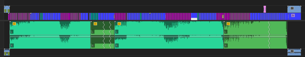 Die Timeline in meinem Schnittprogramm. Man sieht 3 Lieder, mit sehr vielen kurzen Videoclips.