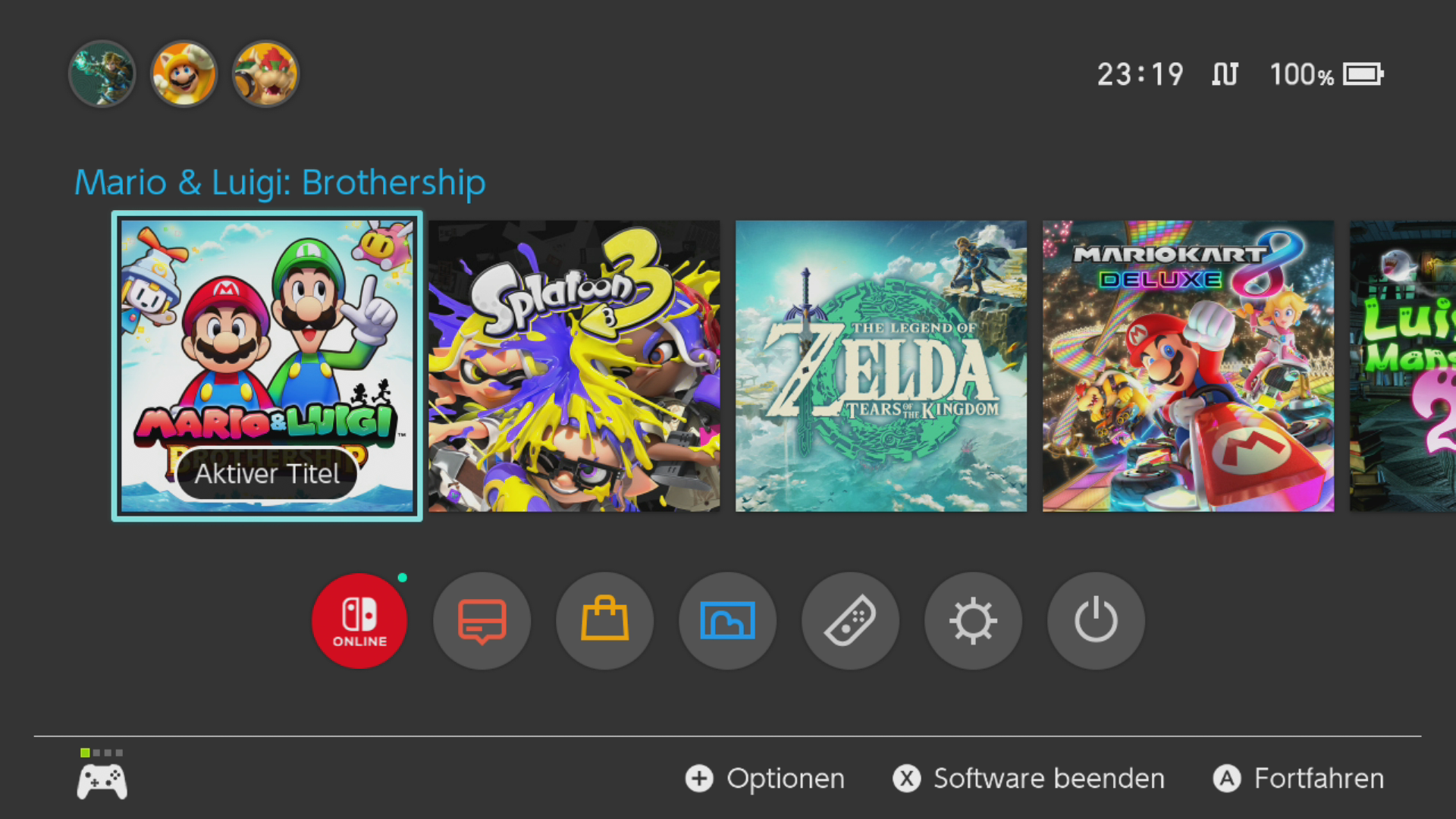 Ein Screenshot vom Menü der Nintendo Switch. Man sieht 5 Spiele, davon ist eines gerade aktiv.