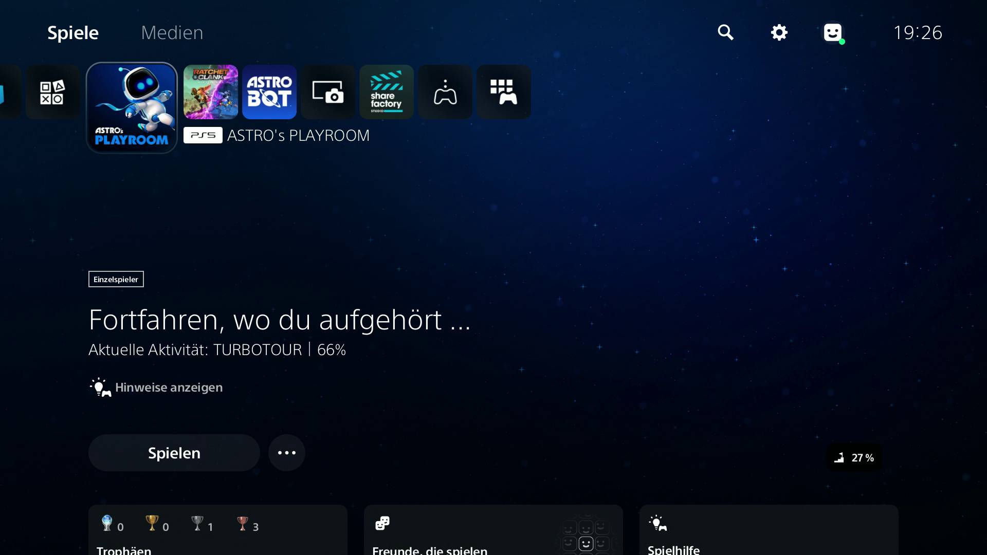 Das Menü von der PlayStation 5. Man sieht oben meine Spiele. In der Mitte steht "Fortfahren, wo du aufgehört... Aktuelle Aktivität: TURBOTOUR | 66%".