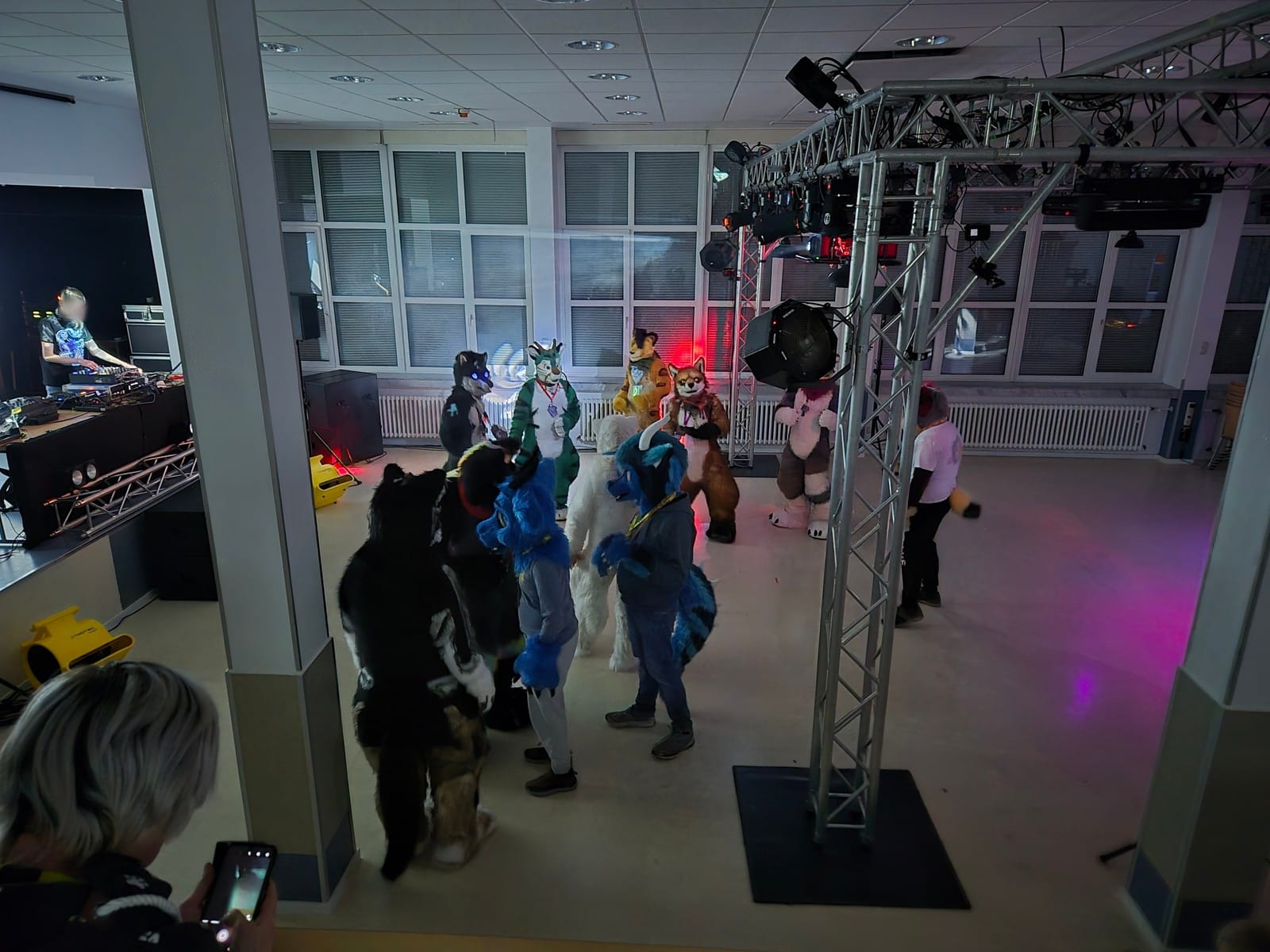 Ein Bild von mehreren Fursuitern bei der Hauptstage, wie sie zur Musik tanzen.