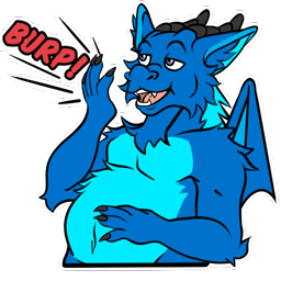 Ein Sticker von meinem Drachen, wie er vollgestopft rülpst.