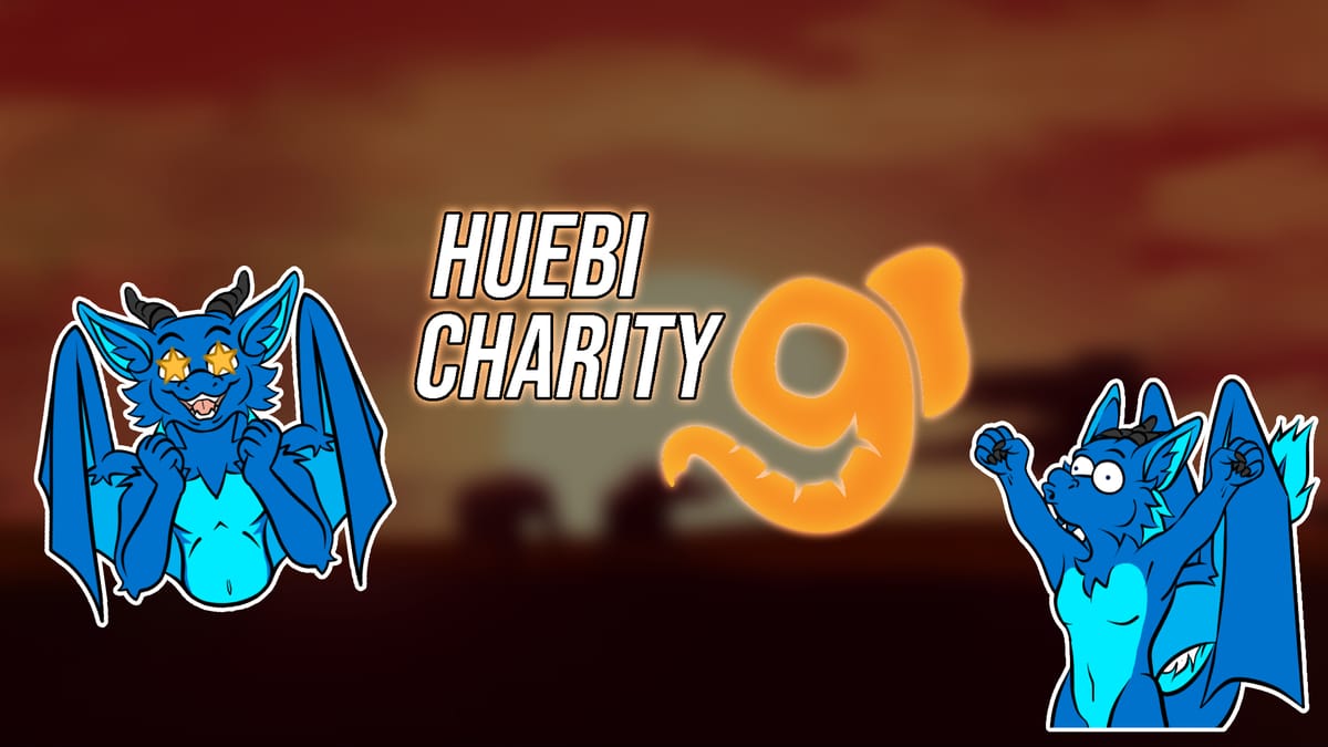 Das Logo und Hintergrundbild von Huebi Charity 9, und zwei Drachensticker (Whooo und Glücklick).