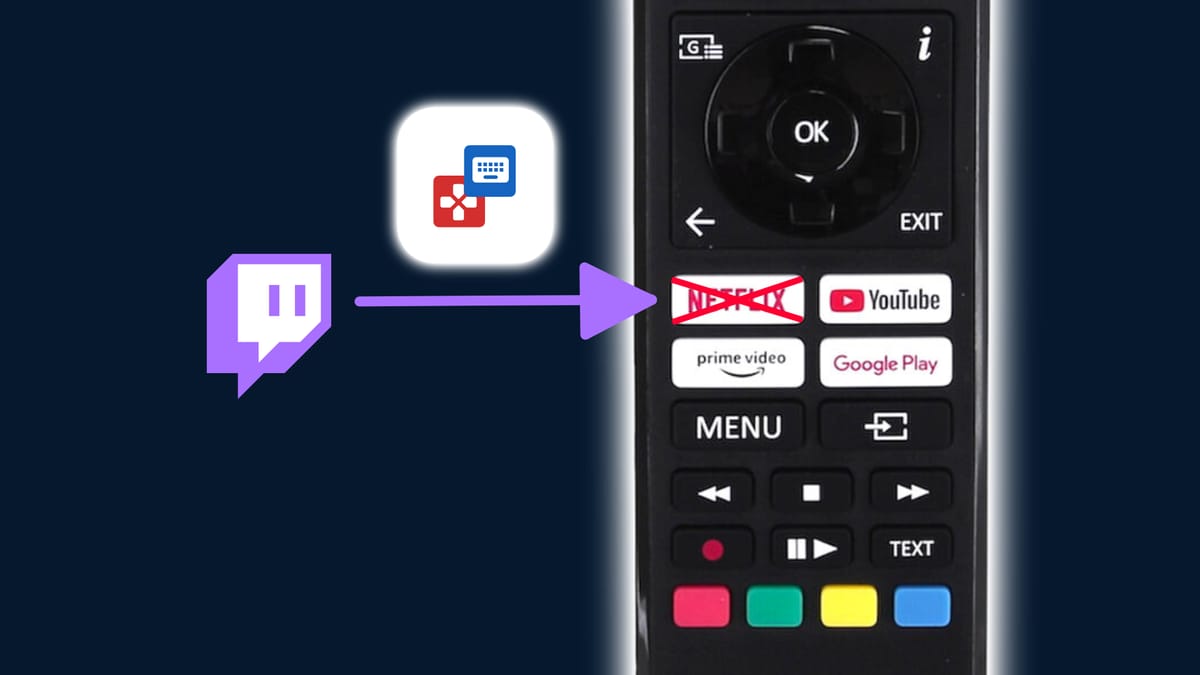 An Android TV remote, with one of the media app buttons crossed out, and the Twitch logo replacing it.