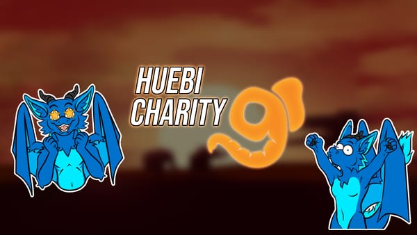 Das Logo und Hintergrundbild von Huebi Charity 9, und zwei Drachensticker (Whooo und Glücklick).