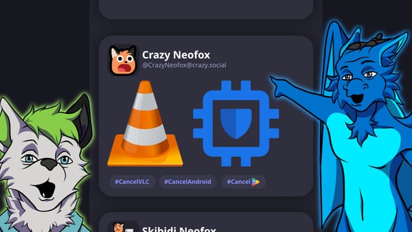 Finnley and Steffo making meme faces while pointing at a Mastodon post cancelling VLC and Android.