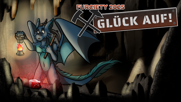 Ein gezeichnetes Bild von meinem Drachen in einer Mine. Er schaut auf einen leuchtenden roten Kristall. Außerdem ist das Logo von Furciety 2025: Glück Auf! zu sehen.